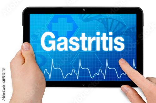 Tablet with touchscreen and medical background with diagnosis gastritis isolated
