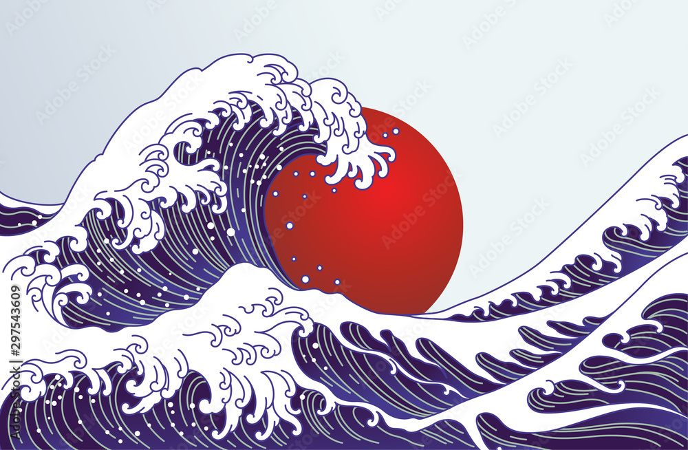 Fototapeta Traditional Japan wave, big red sun illustration. Japan flag design.- Vector