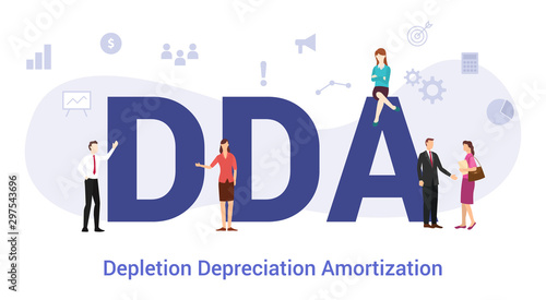 dda depletion depreciation amortization concept with big word or text and team people with modern flat style - vector