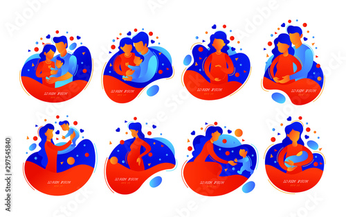 Baby with parents, happy moments.Set of simple doodle trendy people life. Lorem ipsum vector illustration.