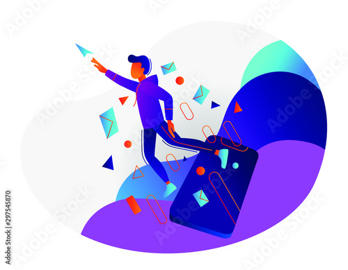 A cartoon stick is flying behind a paper plane. Vector concept illustration in eps10.