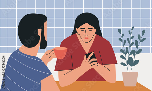 Man and woman sitting at table. Woman staring at her phone, ignoring man. Concept of distant relationship, ignorance. Flat vector illustration