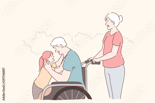 Disabled person, family care concept. Disabled aged man in wheelchair walking with family in park, happy granddaughter hugging handicapped grandfather, nursing and assistance. Simple flat vector