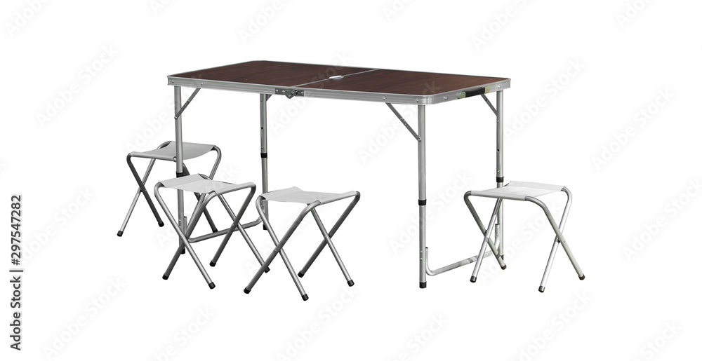 Folding table for camping on a white background with chairs Folding table for camping on a white background with chairs
