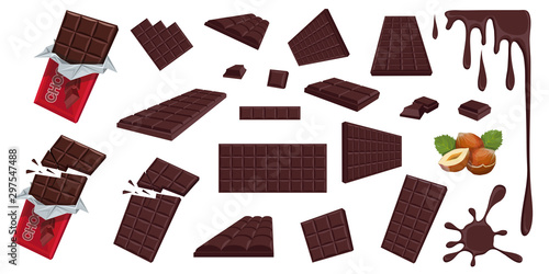 Chocolate. Hazelnut. Dark chocolate. Sweetened block made from roasted and ground cacao seeds. Dark chocolate bar and pieces. Confectionery. Set of different foreshortening of chocolate products.