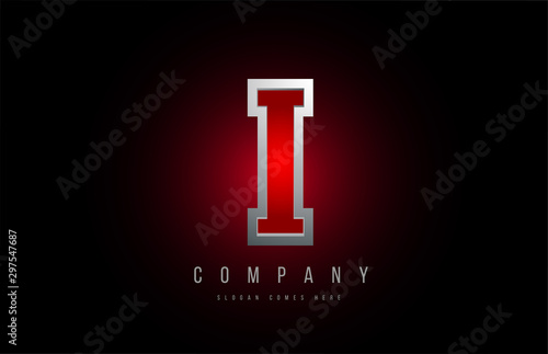 3d letter I logo grey metal metallic red alphabet for company icon design