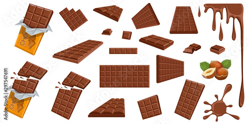 Chocolate. Hazelnut. Milk chocolate. Sweetened block made from roasted and ground cacao seeds. Milk chocolate bar and pieces. Confectionery. Set of different foreshortening of chocolate products.