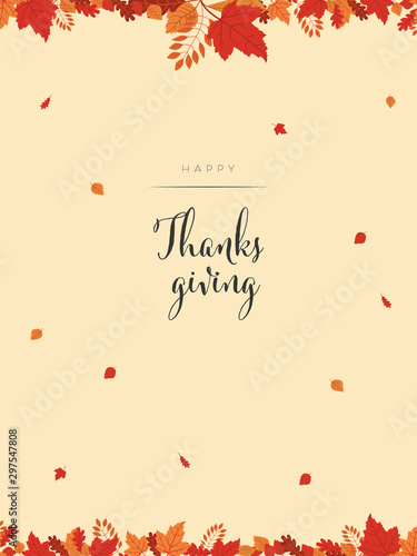 Happy thanksgiving card or background vector banner with colorful autumn leaves, foliage in red, orange and yellow colors.