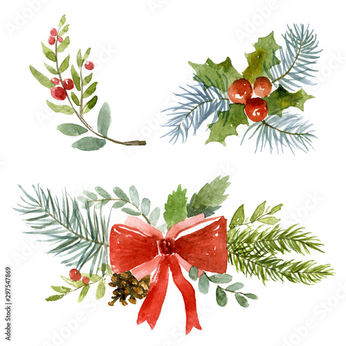 Watercolor set of Christmas wreath and branches. Hand-drawn illustration of the white background
