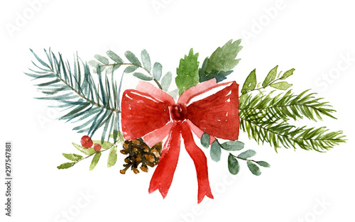 Watercolor illustration of Christmas wreath. Hand-drawn illustration of the white background