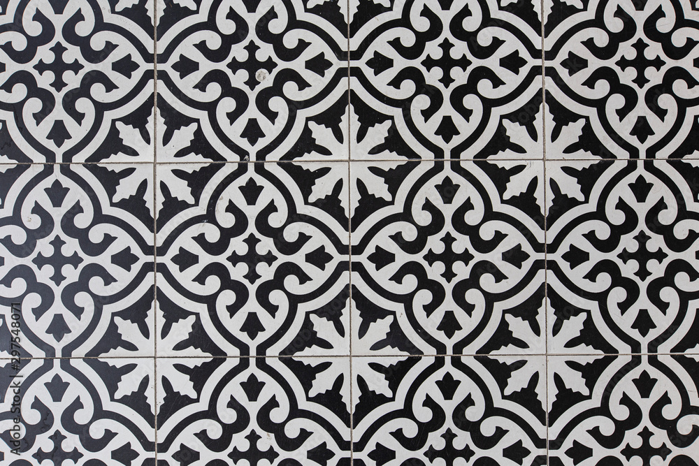 Floral Vintage Floor Tile in Black and White.