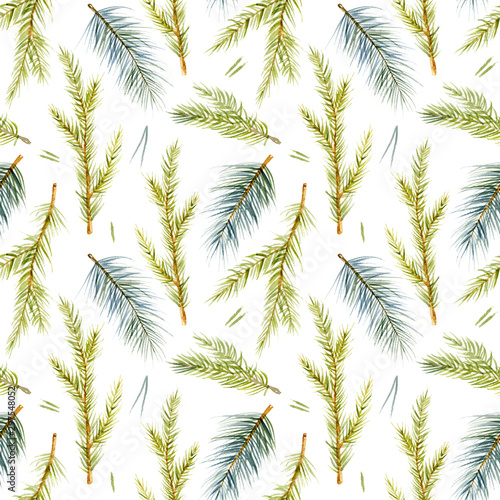 Watercolor pattern of Christmas-tree branch and prickles. Hand-drawn illustration on the white background