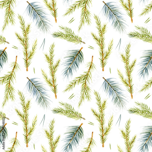 Fotografija Watercolor pattern of Christmas-tree branch and prickles