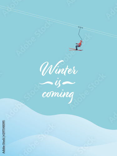 Winter skiing vector card or postcard with skier on a lift. Ski resort, winter vacation, recreation and sport symbol.