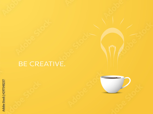 Creative coffee cup with steam in ligthbulb shape vector concept. Inspiration, creativity, energy, new ideas symbol on yellow background.