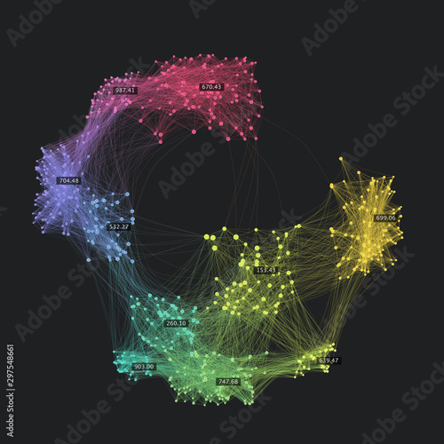 Data network sphere. Big data concept visualization. Globe of connected nodes. Abstract graph background. Information clustering.