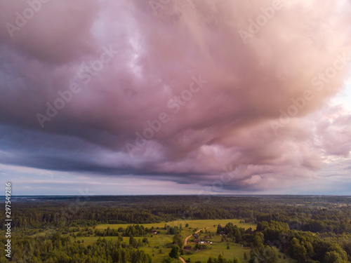 Summer landscape with a beautiful sunset. Aerial photography
