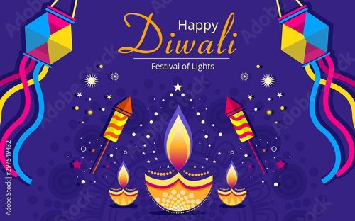 Happy Diwali vector decorative banner. Flat design of Diwali festival background with diya and crackers.