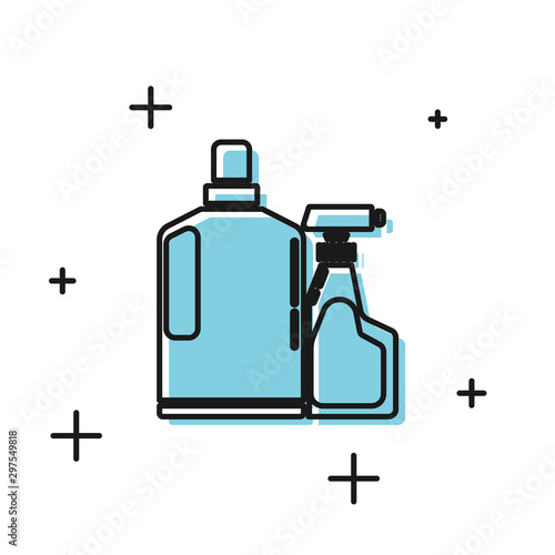 Black Plastic bottles for liquid laundry detergent, bleach, dishwashing liquid or another cleaning agent icon isolated on white background. Vector Illustration