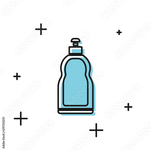 Black Plastic bottle for liquid laundry detergent, bleach, dishwashing liquid or another cleaning agent icon isolated on white background. Vector Illustration
