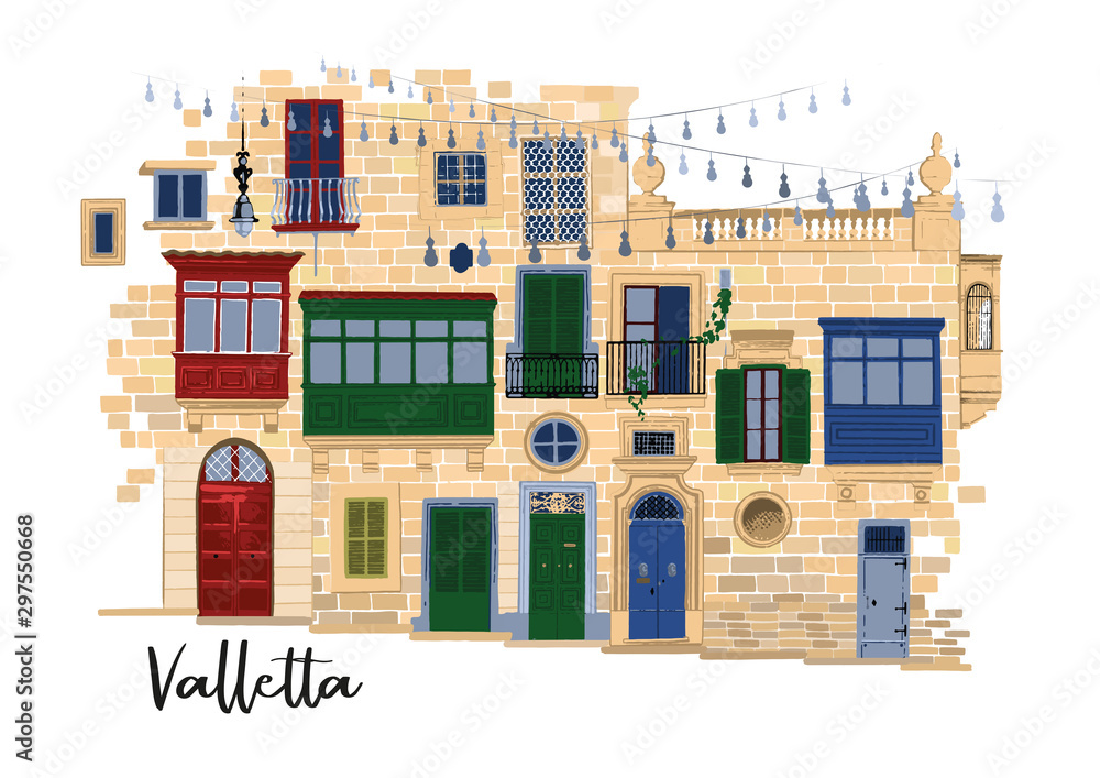 Part of traditional maltese houses in Valletta made of sandy stone bricks with various doors, windows and balconies - obrazy, fototapety, plakaty 