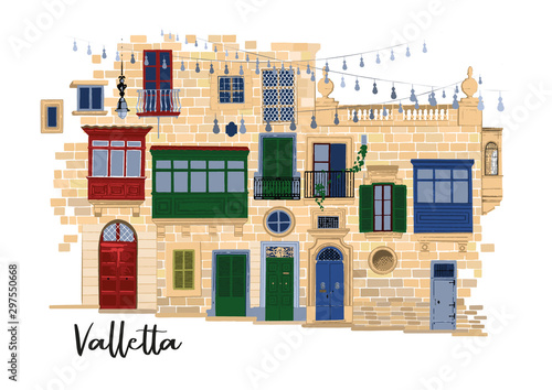 Stampa su tela Part of traditional maltese houses in Valletta made of sandy stone bricks with v