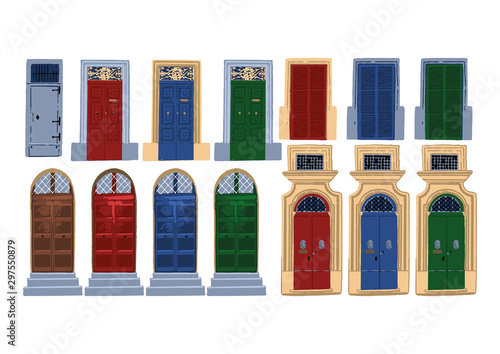 Vector collection of traditional maltese doors with various decorations and colors