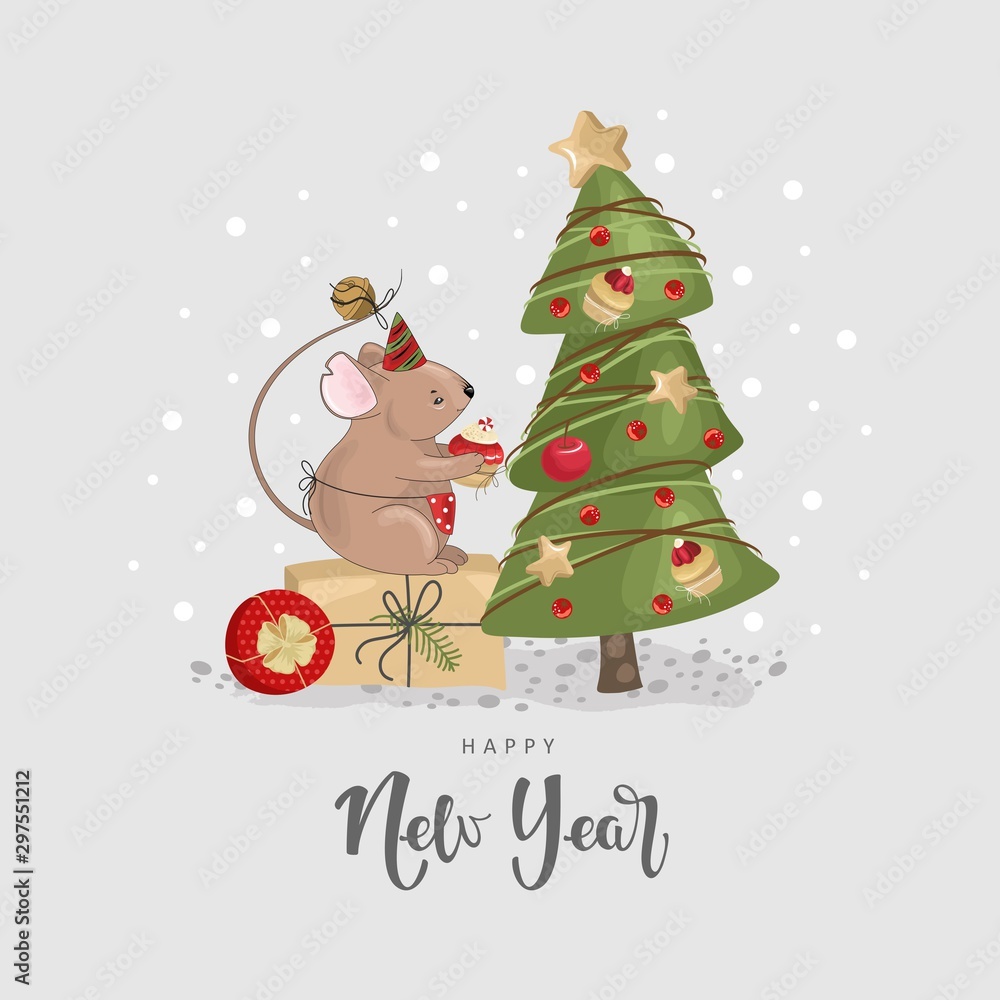 Happy New Year card with a cute mouse and festive elements. Vector illustration. Happy New Year card with a cute mouse and festive elements. Vector illustration.