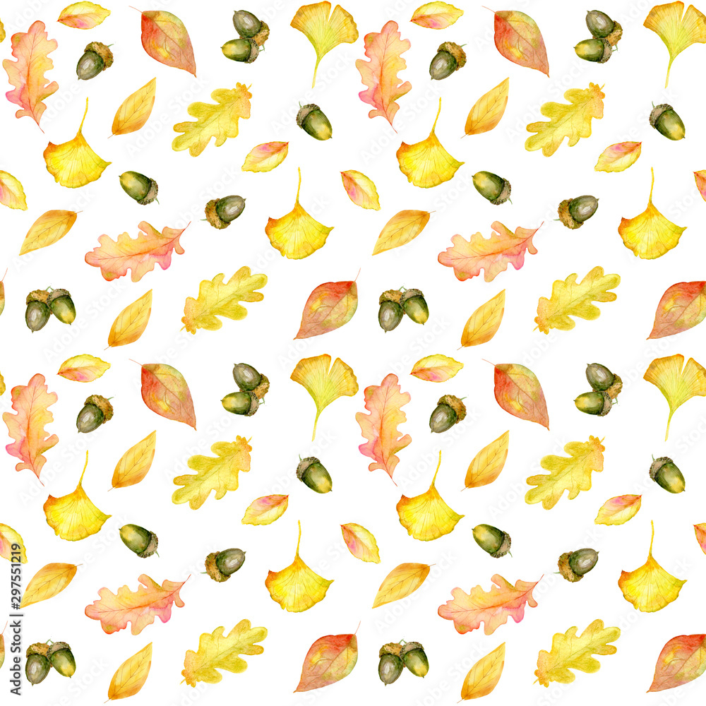 Autumn seamless pattern of oak leaves, ginkgo tree, acorns painted in watercolor.