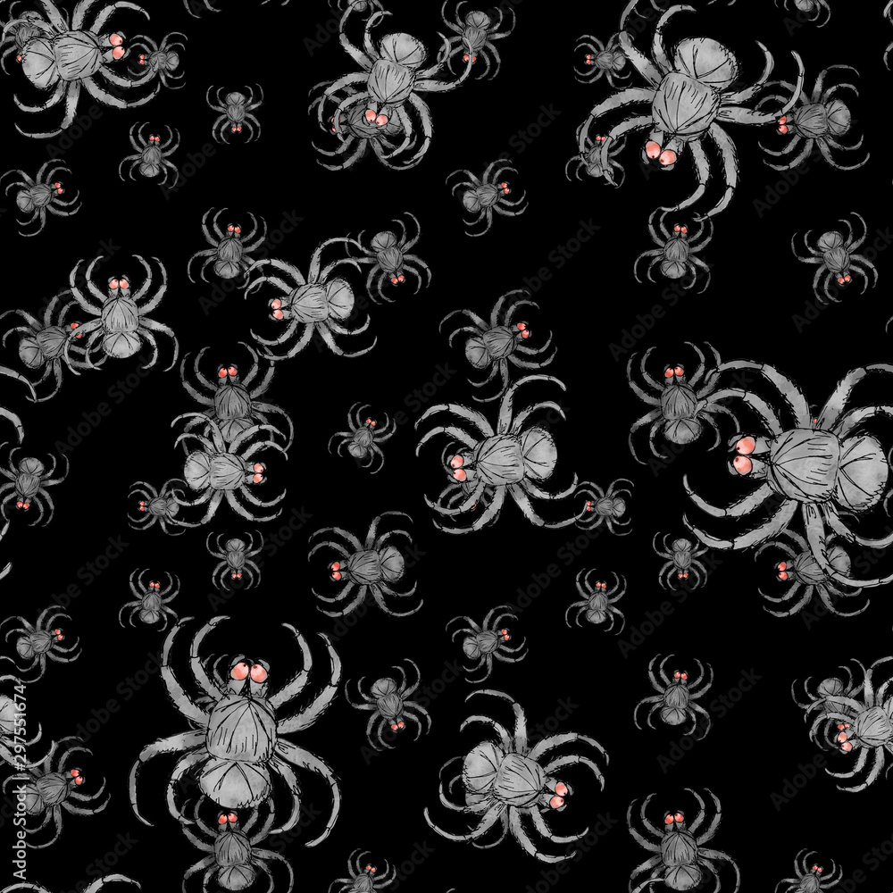 Watercolor hand drawn artistic  spooky Halloween black spider net  cartoon  vintage seamless pattern