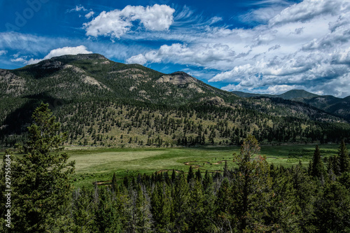 Rocky Mountains summer green panorama in Colorado, USA. Mountains and clouds