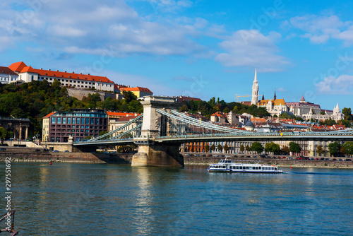 view of Budapest. River, bridge, pleasure boats.