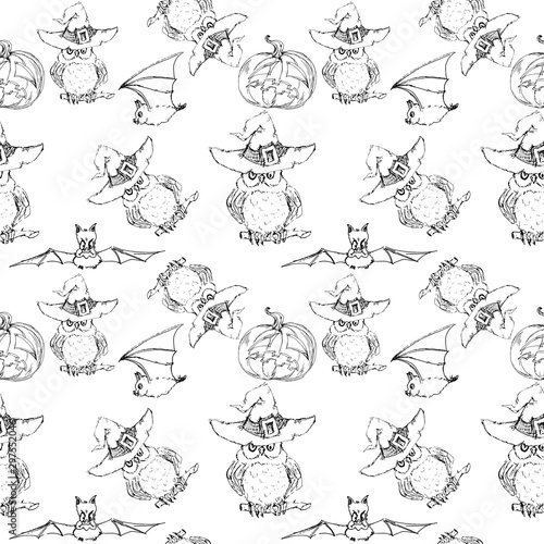 Fototapeta Naklejka Na Ścianę i Meble -  Watercolor hand drawn artistic  spooky sketchy line art Halloween owl  cartoon  vintage seamless pattern