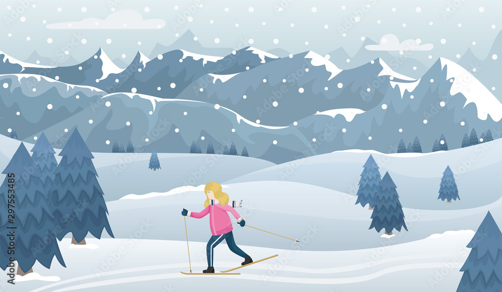 Winter mountain landscape in blue tones. A girl in winter clothes on cross-country skiing. Flat vector illustration. Winter mountain landscape in blue tones. A girl in winter clothes on cross-country skiing. Flat vector illustration.