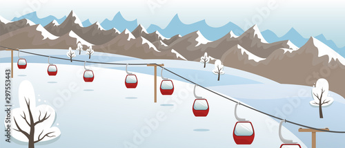 Winter mountain landscape with ski lifts on the slope. Ski resort. Flat vector illustration.