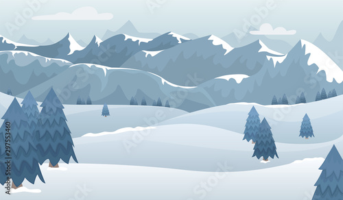 Fototapeta Naklejka Na Ścianę i Meble -  Winter mountain landscape in blue tones. Flat vector illustration.