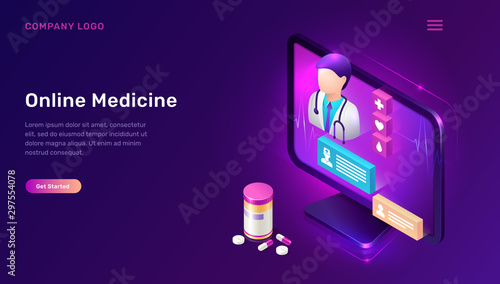 Online medicine isometric concept vector illustration. Distance or telemedicine app. Computer screen with doctor figure, chat messages and pills and tablets on purple background