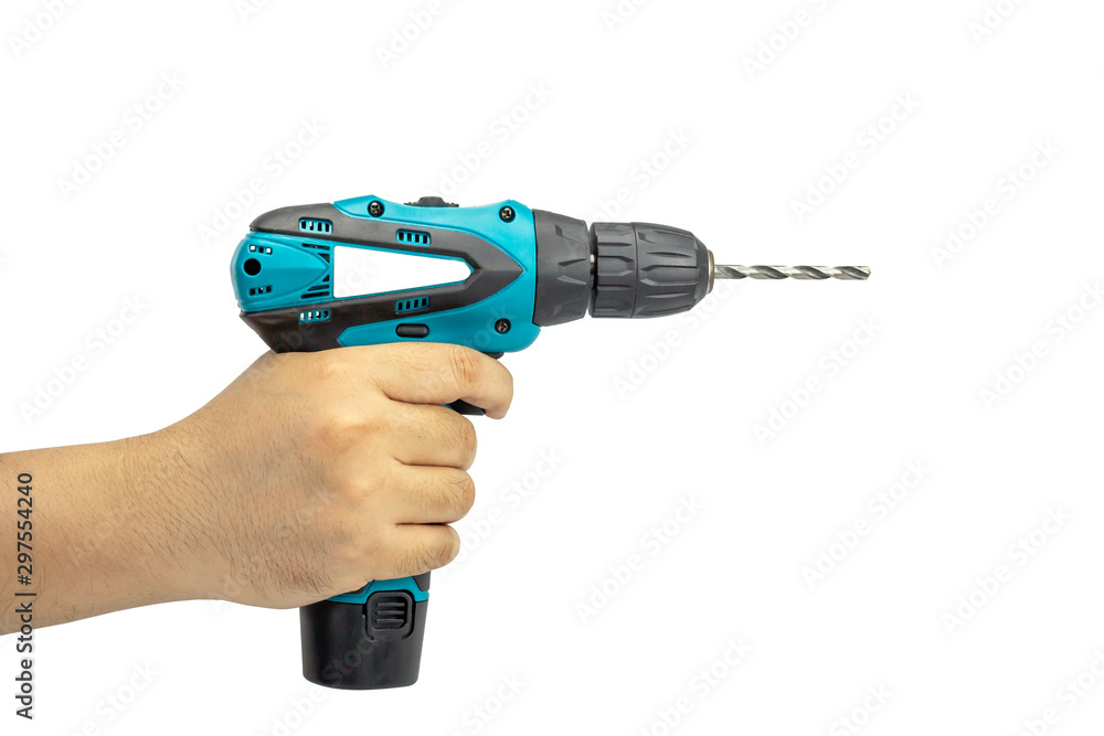Hand holding a drill isolated on white background with clipping path. Hand holding a drill isolated on white background with clipping path.