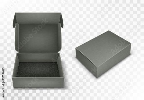 Gray blank cardboard box with flip top, realistic vector illustration. Rectangular caton pack with open and closed hinged lid, isolated on transparent background. Empty gift package photo