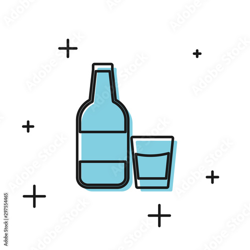 Black Closed glass bottle with milk and glass icon isolated on white background. Vector Illustration