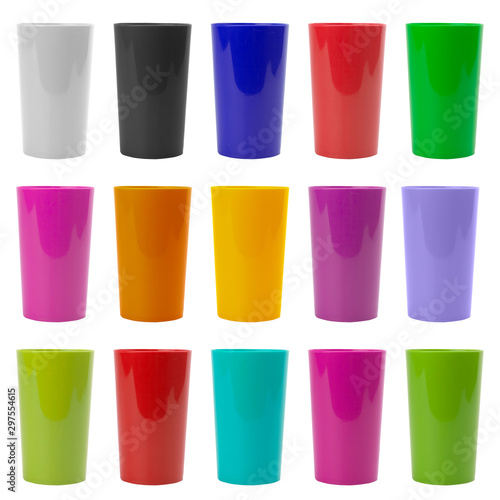 Sets of colorful plastic glass isolated on white background with clipping path.