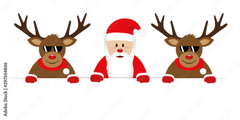 smiling happy santa claus and cool reindeer with sunglasses christmas cartoon vector illustration EPS10