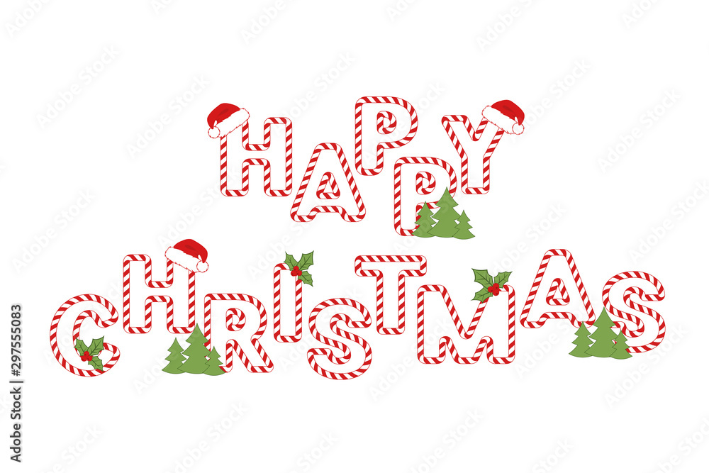 Lettering Happy Christmas for christmas banners and cards isolated on white background with decorations. Vector illustration Lettering Happy Christmas for christmas banners and cards isolated on white background with decorations. Vector illustration