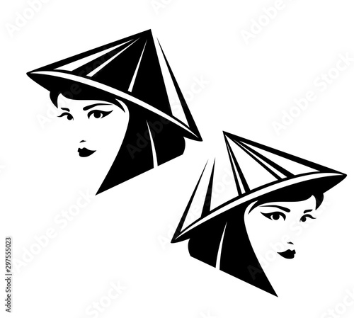 beautiful thai woman wearing traditional cone straw hat - asian girl black and white simple vector portrait