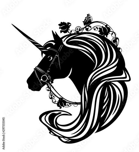 magic unicorn horse head with rose flowers and butterfly in long mane - fairy tale creature black and white vector profile portrait