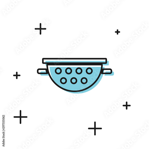 Black Kitchen colander icon isolated on white background. Cooking utensil. Cutlery sign. Vector Illustration