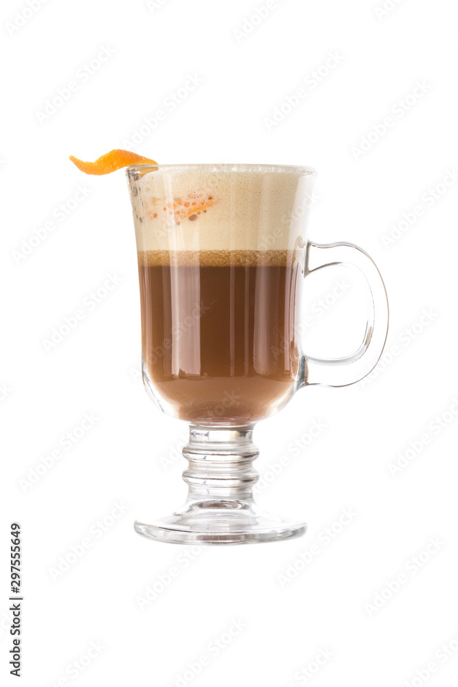 Irish coffee with orange peel in coffee mug isolated on white background Irish coffee with orange peel in coffee mug isolated on white background