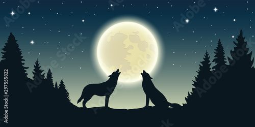 Wallpaper Mural two wolves howl at the full moon in forest landscape vector illustration EPS10