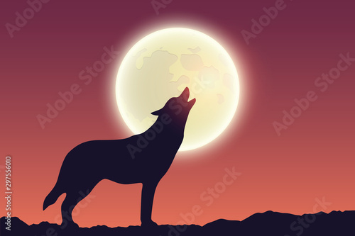 wolf howls at full moon silhouette vector illustration EPS10