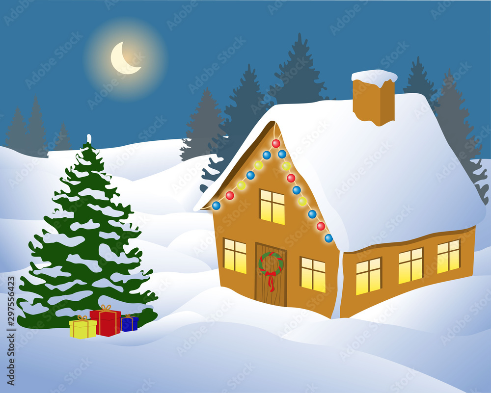 Winter landscape with house, Christmas tree and gifts
